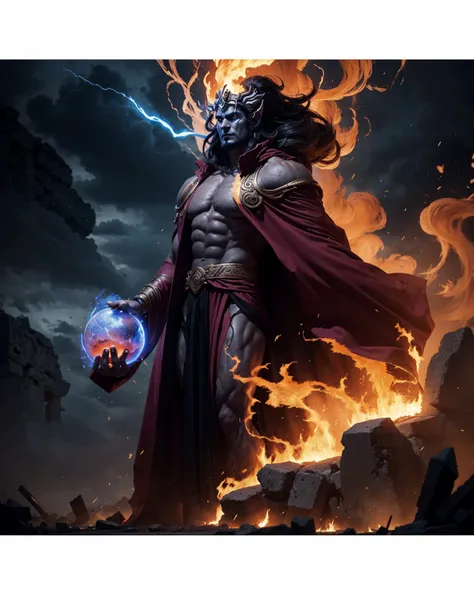 Hades Lord of the underworld Greek mythology very , physically perfect body muscular body frame full bodyshot very tall height man, surrounded an ancient Greek ruins fire around it