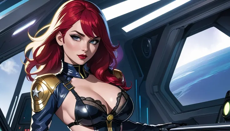 Captain Luna Nova, a stunning human female with a commanding presence, standing confidently at the helm of her starship. Her background as a former commando is subtly hinted at by the sleek, tactical boots that hug her legs and the strap of a concealed bla...