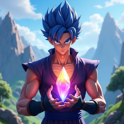 1 anime boy, shallot from dragon ball legends, holding rainbow crystal, mountainous rocky landscape, lush foliage, fortnite style, beautiful detailed eyes, beautiful detailed lips, extremely detailed face and features, long eyelashes, intricate details, vi...