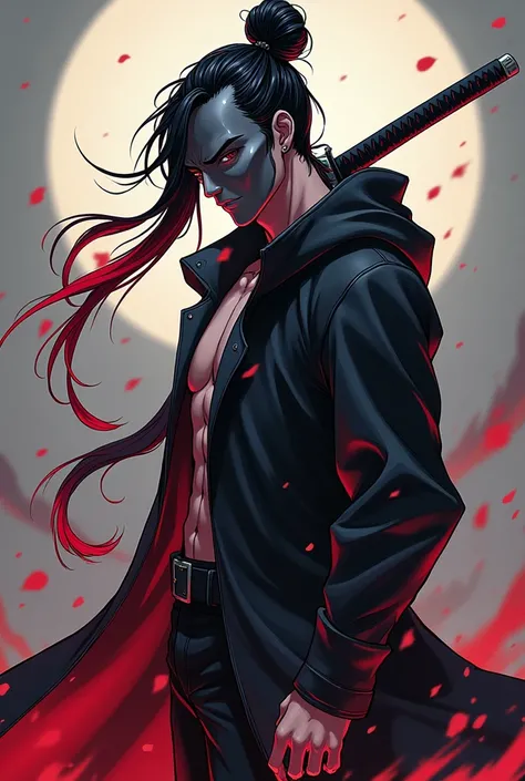 Create a muscular young anime style male character wearing a black long sleeved hooded overcoat with long black hair with red tips and tied into a cookie with a gray Japanese hannya mask with a katana