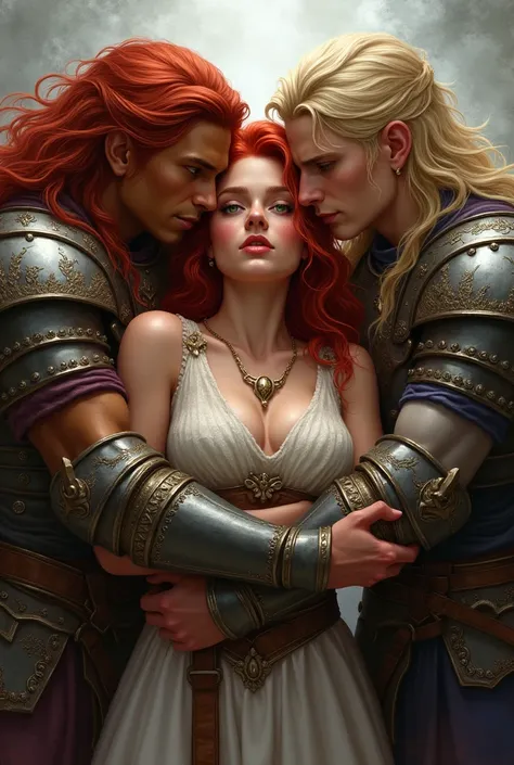 a beautiful female warrior with red hair and green eyes, in a love triangle with two male warriors, one with long red hair, caramel skin and a bad boy look, and the other blond with short hair.
The man with the red hair looks at her lovingly and hugs her, ...