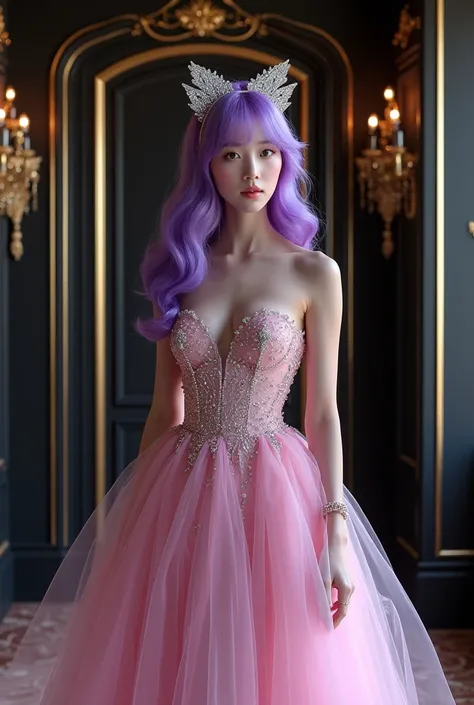 Korean purple hair butterfly woman in headset with transparent shiny shiny pink dress and shiny diamonds on headset full body The main scene: a ball with chic black walls with gold details princess princess outfit