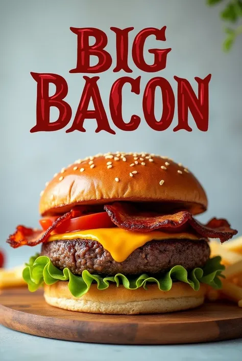 Create a Craft Burger image with a burger and the name big bacon, a little smaller on top of the image 