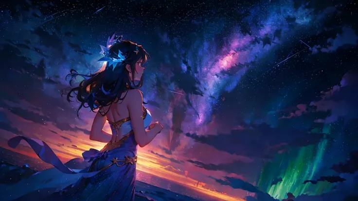 8K resolution, masterpiece, Highest quality, Award-winning works, unrealistic, sole sexy lady, healthy shaped body, elegant, white wavy long hair, hair band, big firm bouncing bust, Royal Jewel, nature, Symmetric, A fighting girl gazing at the stars (Zoom ...