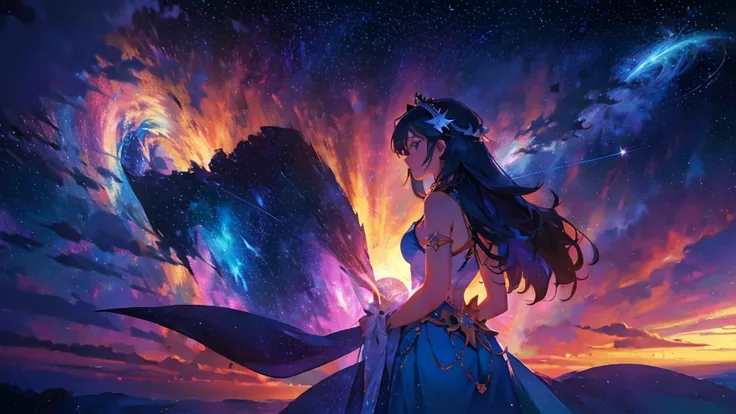 8K resolution, masterpiece, Highest quality, Award-winning works, unrealistic, sole sexy lady, healthy shaped body, elegant, white wavy long hair, hair band, big firm bouncing bust, Royal Jewel, nature, Symmetric, A fighting girl gazing at the stars (Zoom ...