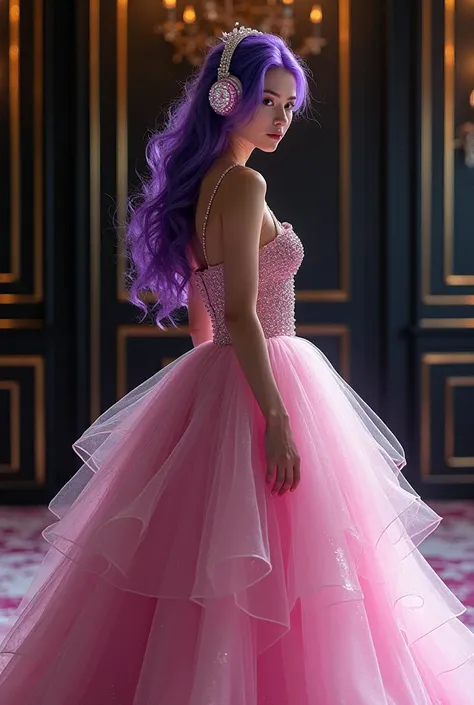 Korean purple hair butterfly woman in headset with transparent shiny shiny pink dress and shiny diamonds on headset full body The main scene: a ball with chic black walls with gold details princess outfit princess princess with headphones