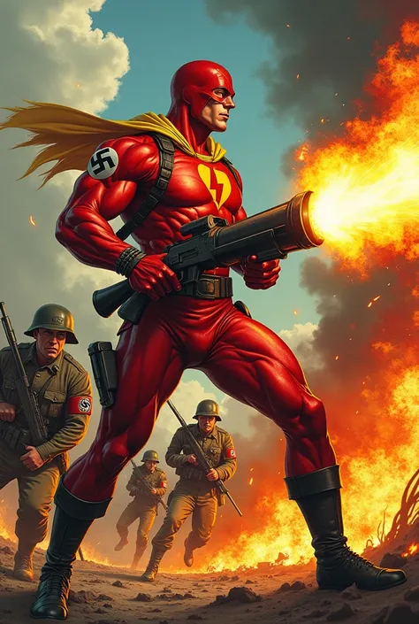 A picture of a 60s comic book style hero burning Nazi soldiers with a flamethrower like in Tarantino. The burning soldiers must be visible and wear a swastika armband. The soldiers should wear a steel helmet in the style of the Wehrmacht.