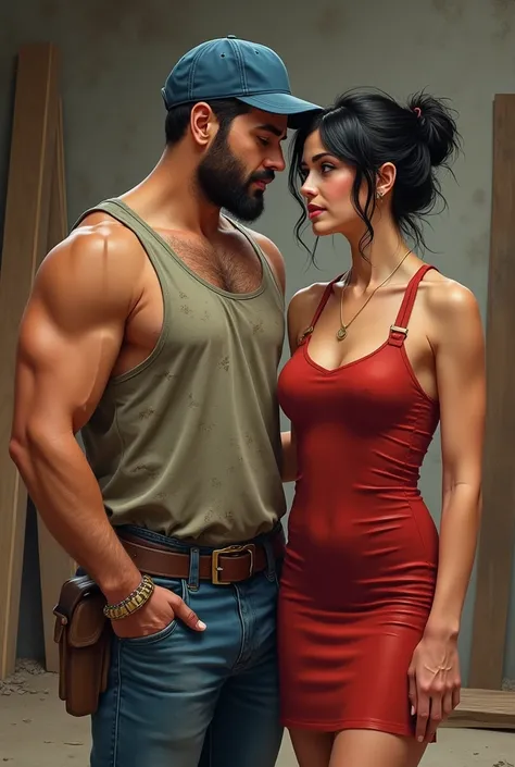  HQ image drawing, a carpenter in a dirty old tank top, with a blue cap, the stubble, e a appearance of 45 years. Next to him a woman with a red dress tight to her body, black hair and tied up, with a loose lock of hair, appearance of 45 years