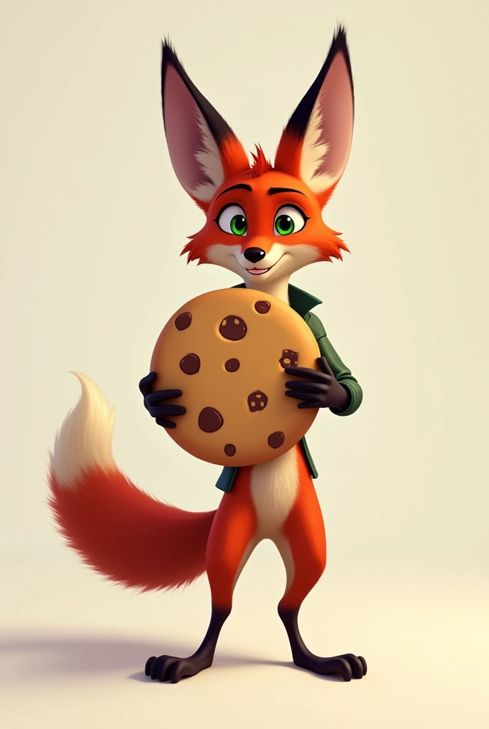 the fox from zootopia holding a human cookie