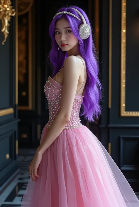 Korean purple hair butterfly woman in headset with transparent shiny shiny pink dress and shiny diamonds on headset full body The main scene: a ball with black walls chic with gold details princess outfit princess princess with korean headphones 