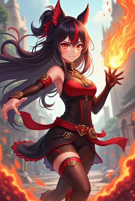 Create a cheerful female character with long dark hair with red highlights. Eyes red. Make her in an action pose in the style of the game Genshin Impact. Estilo phyro. your weapon is a pan