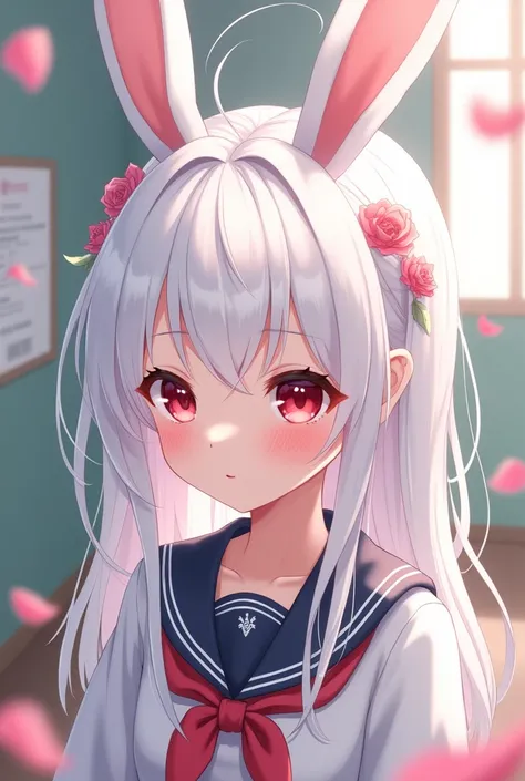 Anime girl with white hair and bunny ears, Eyes red, shy blush, schoolar uniform