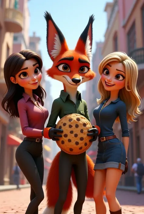 The zootopia fox holding a human cookie next to two pretty girls, one with dark brown hair and the other with brown hair