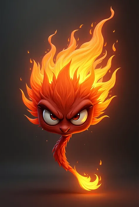 A ball of fire with a flaming tail and ears, angry white eyes with cartoon pupils, he has no body, just a head, and he is male.