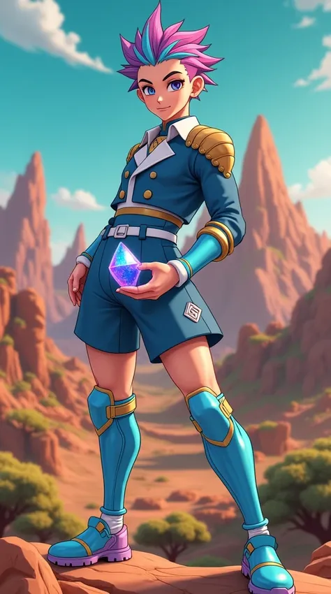 1 anime boy, shallot from dragon ball legends, holding rainbow crystal, mountainous rocky landscape, lush foliage, fortnite style, beautiful detailed eyes, beautiful detailed lips, extremely detailed face and features, long eyelashes, intricate details, vi...