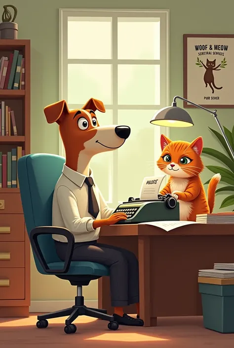 A picture of a dog and a cat being secretaries