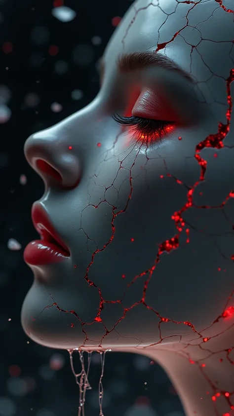 Death of a beautiful humanoid female, close up of a broken android, digital art, cracked porcelain face, futuristic look, captivating, close-up, skull, fragile, emotional, shatter into fragments, shattered glass, shattered pieces of a woman body, made of p...