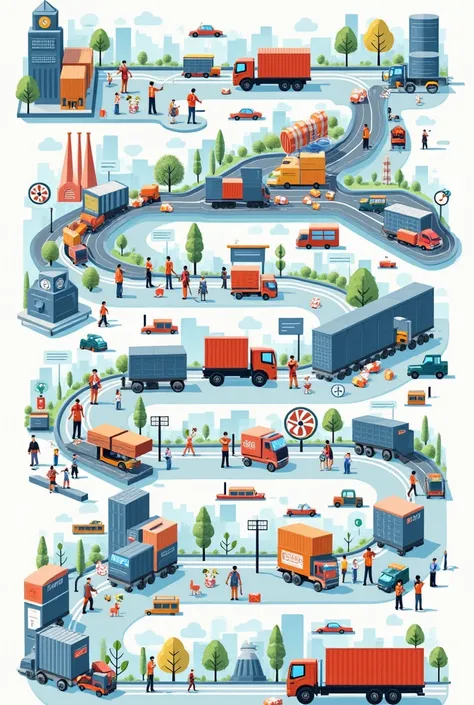 Supply chain with each step visually . Just the drawings, no text 