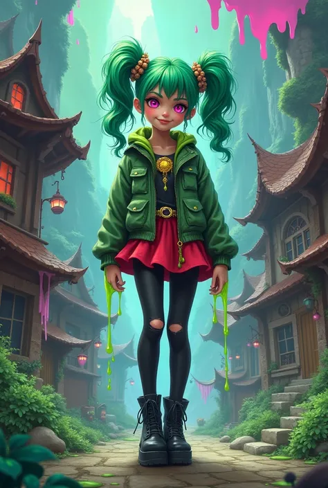 Create a village that has acid power, green hair tied in pigtails with a gold ring holding it in place and has side bangs, pink eyes, and releases acidic slime, She is young, wearing black ripped tights, a red skirt and platform boots., She is crazy and al...