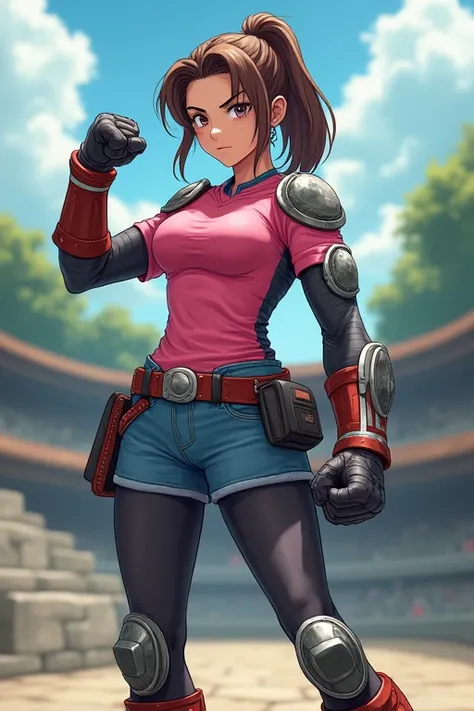 Woman warrior、(Punch)、anime、Are standing、shout、Bullish expression、gloves、Utility Belt、Sweat、(Stone outdoor arena)、Trained biceps、Medium Hair、(Pink jersey)、Shingard、Knee pads、Shoulder Armor、Chest Armor、head band、Denim skirt、tights、Brown Hair、Elbow pads、