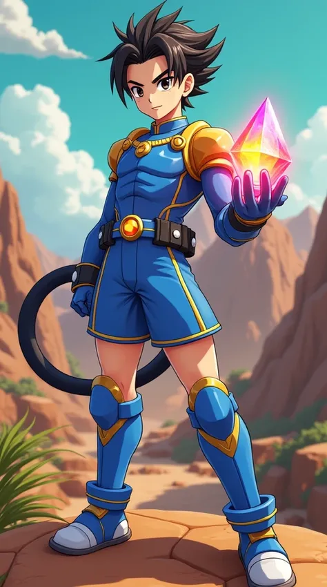 1 anime boy, shallot from dragon ball legends, holding rainbow crystal, mountainous rocky landscape, lush foliage, fortnite style, beautiful detailed eyes, black hair, black eyes, black eyeslase, monkey tail, blue armor, beautiful detailed lips, extremely ...