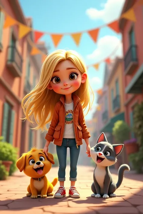 A Pixar-style cover featuring a blonde teenage girl, long hair and brown eyes and freckles, accompanied by a small yellow dog and a skinny gray and white cat.