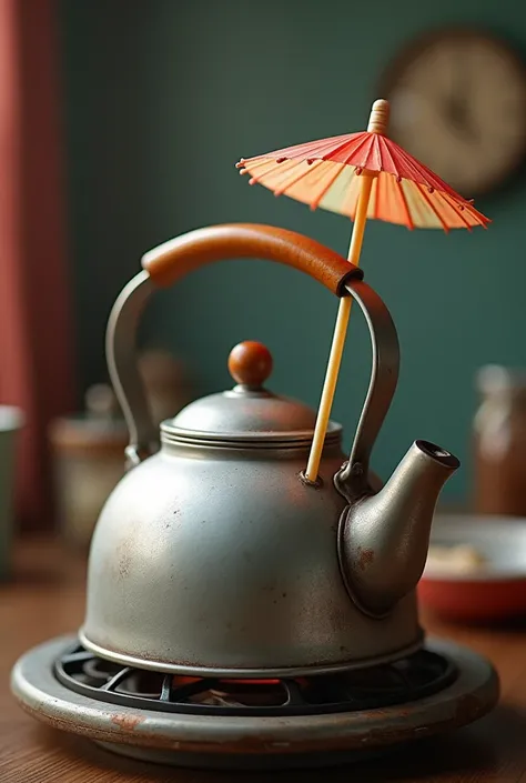 Old aluminum kettle with wooden handle like a teapot being boiled with a bendable plastic straw and a cocktail umbrella