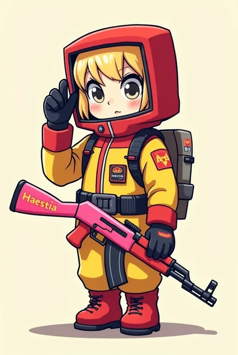 DESSIN VERSION CHIBI D UN PERSONAGE FILLE AU CHEVEUX BLOND DU JEUX VIDEO RUST EN HAZMAT QUI EST DE COULEUR ROUGE SUR LA CAPUCHE  ET JAUNE SUR LE CORT LA CAPUCHE EST CARRE AVEC UNE AK ROSE AEC ECRIT HAESTIA DESSUS 
DANS UNE MAINS ET DANS L4AUTRE ELLE LEVE L...