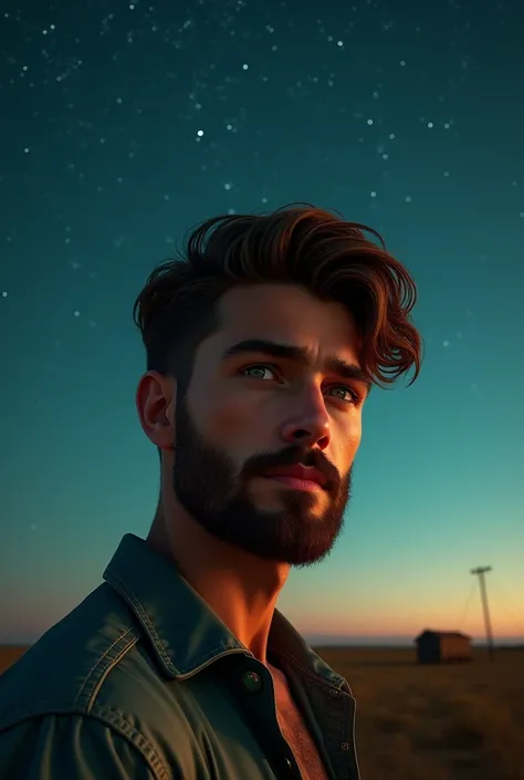 young man with short beard, greeneyes, big hair, Caucasian skin, alone in Texas at night