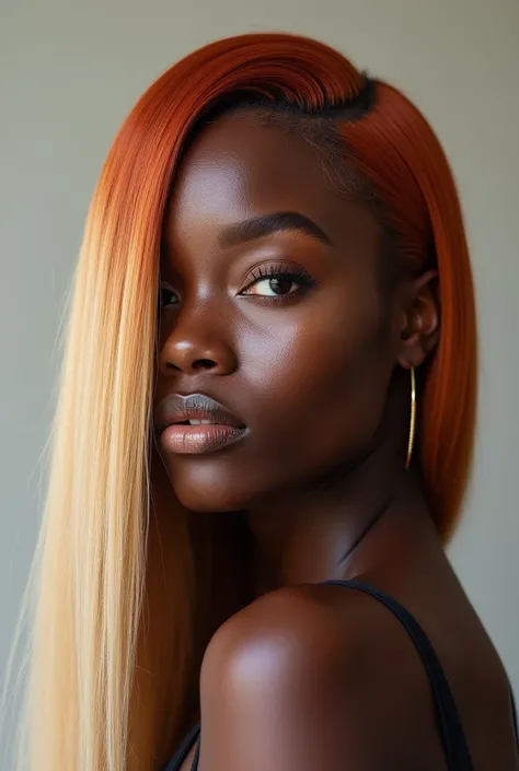 An image of a black woman with long straight hair. The top of the hair (starting from the root) It&#39;s coppery red, but the rest of the hair is very light blonde, tone 12