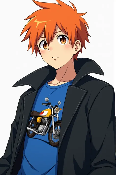 Anime boy with orange hair, white skin color, black coat, blue shirt with a drawing of a motorcycle, brown eyes 