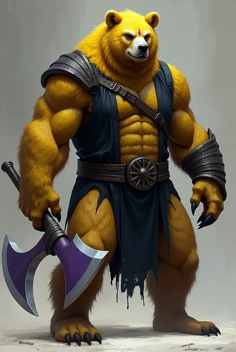 Yellow fur bear man A little thin A V-shaped scar on his face with black color Wearing a black outfit With a large axe with a purple blade and white handle 