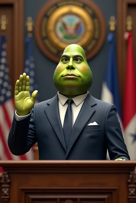 An avocado that is a male gender with a formal suit in the potaxie style, swearing in under a Honduran constitution