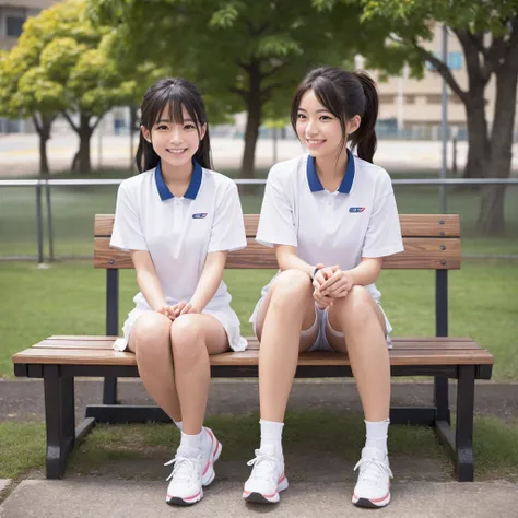 Japan Girls、Sitting on a bench in the schoolyard with his knees raised、Wearing white Japanese tennis wear、Actual photo、High resolution, masterpiece, Accurate, Anatomically correct, 最高quality, Attention to detail, High resolutionモデル, 高quality, quality, Very...