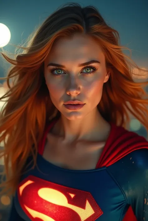 A close-up shot captures Supergirls face as she flies through the night sky, her piercing green eyes filled with resolve. The camera focuses on his strong breasts and the iconic "S" emblem on her chest, which glows faintly under the city lights. The wind r...