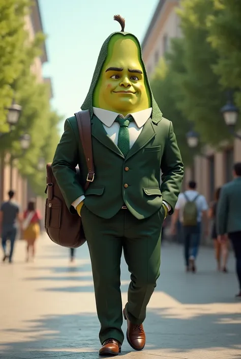 An avocado that is a male gender with a formal suit in the potaxie style, going to college to study with his backpack