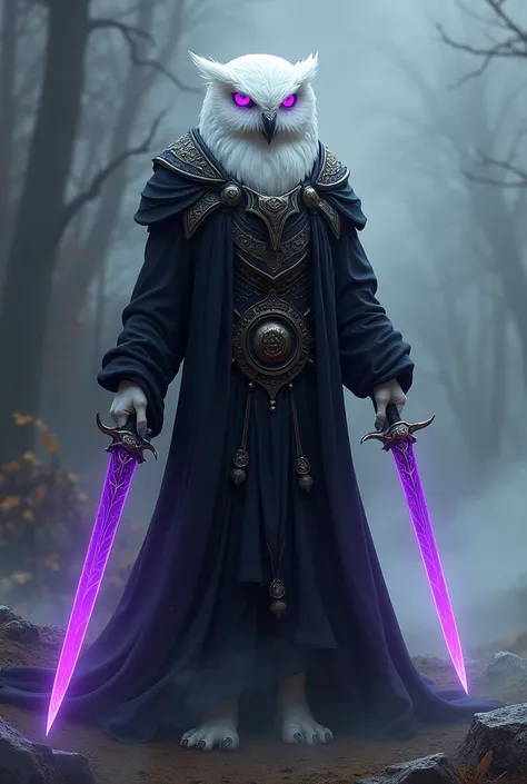 white owl man purple eyes Daggers with purple blades in hand Wind element Black clothes 