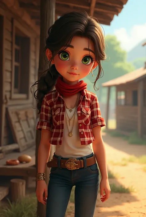 A little Brazilian girl with fair skin with a slight pinkish tint, greeneyes, with dark brown hair, in a western, wearing a red and white plaid shirt with short sleeves, a dark blue pants, brown boots and a scarf tied around his neck    