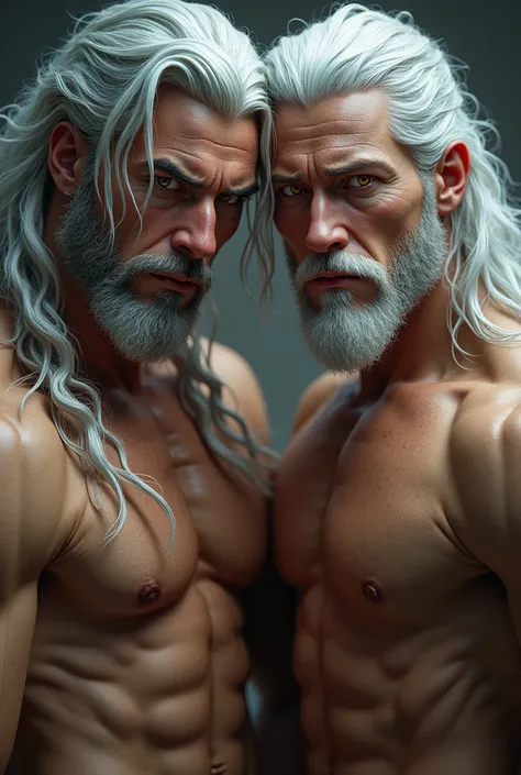 2 men.silver hair,silver hair ,golden eyes, silver eyes,rey, Principle,muscular, naked, facial hair, furry,Long hair, hard look, thoughtful, naughty face, mischievous, bright Eyes, High resolution, masterpiece, anatomically correct, necessary, Awarded many...