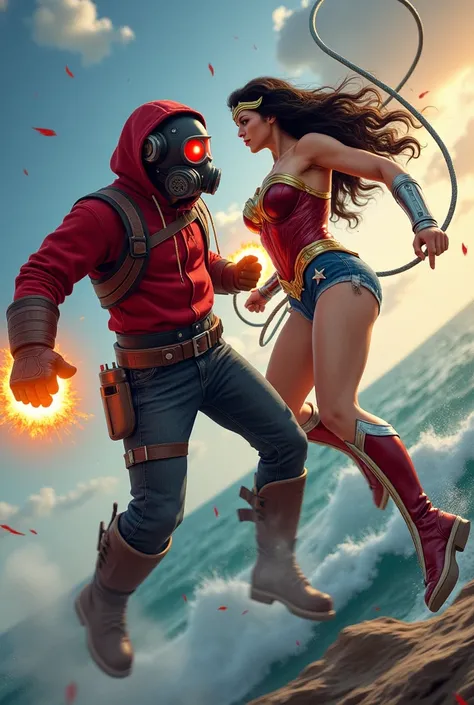 Young Star-lord with red hoodie, headphones, star-lord helmet on head,gas helmet, covered mouth, round red eyes, Red eyes, fire in the hands and rocket boots, Vs. Wonder woman (Big tits), Fighting, power, fiction, full body, 2 person, magic lasso, flying i...