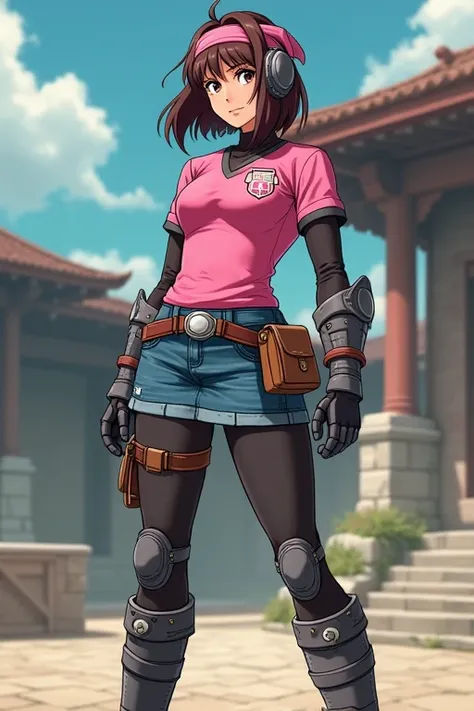 Woman warrior、Realistic Anime、Are standing、gloves、Utility Belt、(Stone outdoor arena)、Trained biceps、Medium Hair、(Pink jersey)、Shingard、Knee pads、Shoulder Armor、Chest Armor、head band、Denim skirt、tights、Brown Hair、Elbow pads、