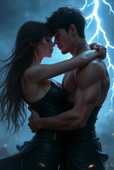 violet Sorrengail y in Chad Riorson están besándose apasionadamente, Capturing a scene of intense connection and emotion under a stormy sky.

violet: Her long, white-tipped, dark brown hair falls softly around them.. His intense blue eyes are closed in a g...