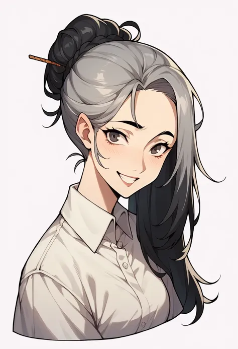 middle aged adult woman with black hair up, bangss, happy expression, slightly gray hair