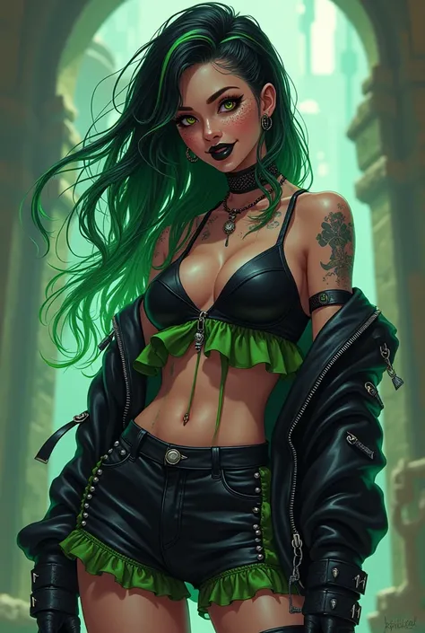 Coffee Dark Black skin, female, black hair with a green stripe, black lipstick, freckles, happy, rockstar, her bridal motif changes to a rocker one, and she has a black sleeveless dress with a green ruffled underskirt and black shorts, and a black and gree...