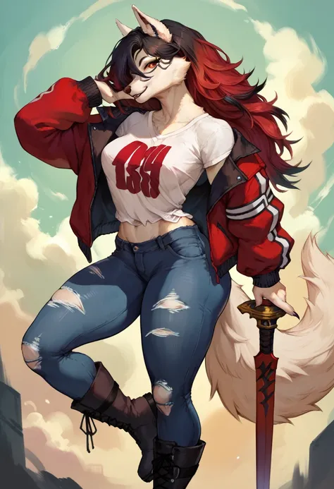 anime fantasy anthro style, a beautiful adventurer, (anthro wolf goddess with white fur), ((long red hair with black highlights)), open jacket over a loose t-shirt, short jeans shots, ripped tights, boots, hourglass body, mature beauty, (((posing with a bi...