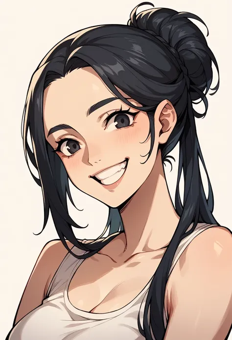 middle aged adult woman with black hair up, bangss, slightly happy expression