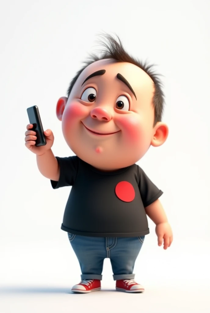 Create a Disney Pixar style character in a white setting a white man,Round face, narigudo, with thick eyebrows, the short hair, short, wearing a black t-shirt with a red circle on the left chest and jeans, with one hand holding a cell phone and the other p...