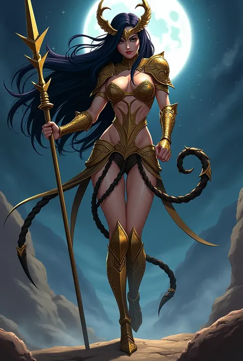 Create a fierce and enigmatic Amazon warrior inspired by the Knights of the Zodiac, wearing the golden Scorpio armor. She stands in a powerful, alluring pose, exuding intensity, mystery, and a deep, almost hypnotic strength. Her armor should feature scorpi...