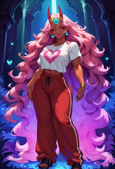 anime fantasy anthro style, full body view, muscle and curvy body, oni goddess, The Oni goddess, with her muscular and curvy body, stands tall and confident, posing for a photoshoot with a beautiful smile on her face. She wears a t- shirt adorned with an e...