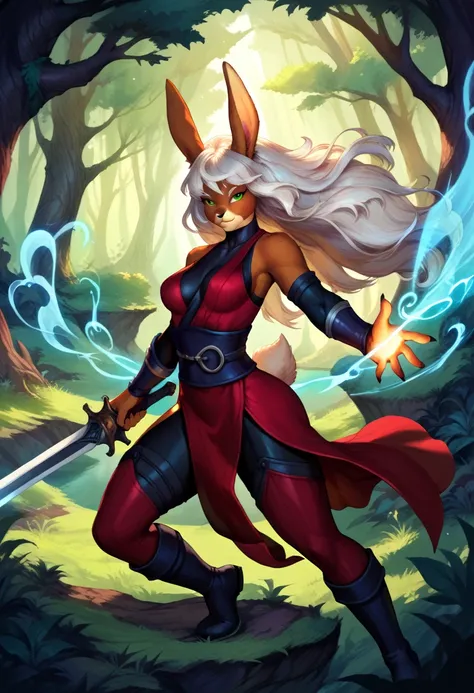 a mystical anthro bunny goddess ninja warrior, detailed facial features, long flowing white hair, wielding a nodachi sword, battle stance, epic fantasy landscape, lush forest background, glowing magical aura, dramatic lighting, cinematic composition, digit...